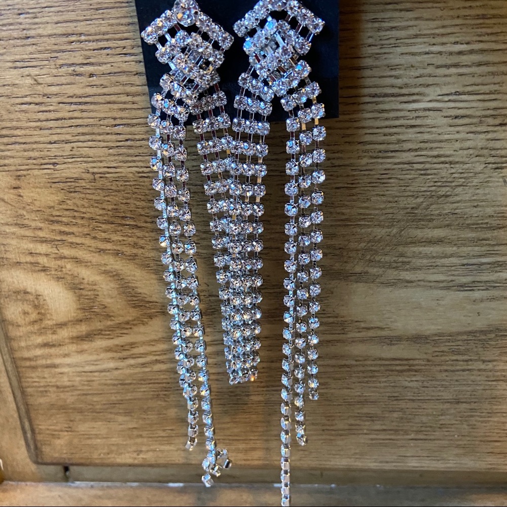 Silver crystal rhinestone long dangle